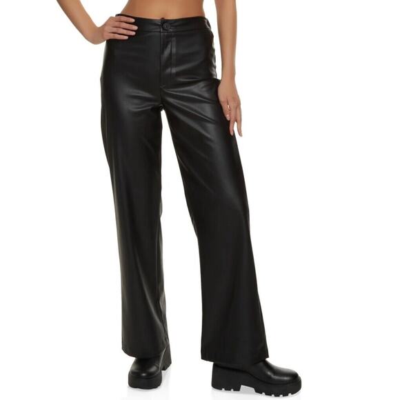 New AMBIANCE Faux Leather Solid Wide Leg Pants Black Women's - Picture 1 of 9